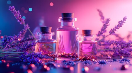 A futuristic arrangement of sleek glass bottles containing oil copper flakes and lavender with a neon pink glow in the background.