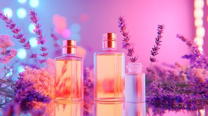 A futuristic arrangement of sleek glass bottles containing oil copper flakes and lavender with a neon pink glow in the background.