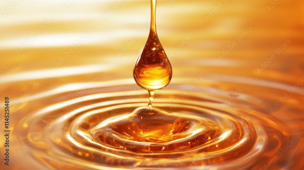 Poster a golden droplet falling into a rippling surface, creating concentric waves.
