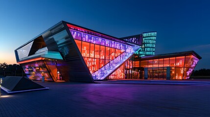 A futuristic elevation of a small-ship center with Morse code-inspired cube forms glowing under neon lights.