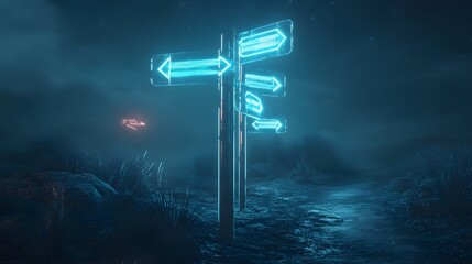 A futuristic trail post with transparent signs illuminated by glowing edges pointing towards space-themed destinations.