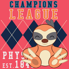 Cute sloth design with different poses and funny faces with college or varsity text backgrounds, patches and colorful numbers in pastel tones.