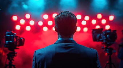 A man in a suit stands before bright stage lights and cameras, suggesting a performance or presentation.
