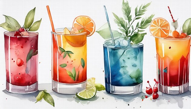 A Stunning Watercolor Illustration Collection of Refreshing Drinks and Cocktails on a Crisp White Background Perfect for Beverage Lovers and Art Enthusiasts Alike