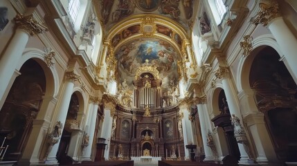 Fototapeta premium A grand interior of a baroque church showcasing ornate architecture and religious art.
