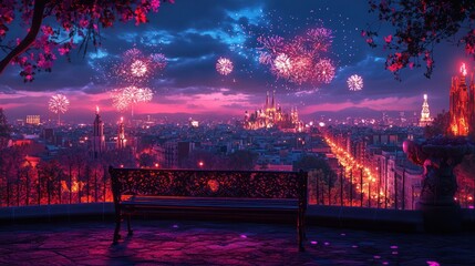 Fireworks over a cityscape at sunset from a park bench.