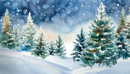 Enchanting Watercolor Winter Wonderland A Serene Snowy Forest Scene with Majestic Christmas Trees, Capturing the Essence of Natures Beauty in a Cozy Holiday Atmosphere