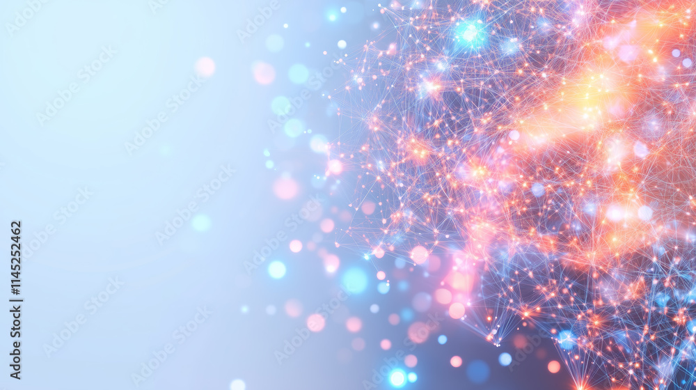 Poster colorful abstract network of glowing particles representing technology and digital connectivity in a