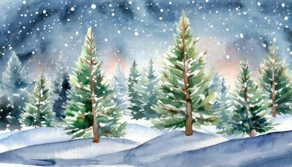 Serene Watercolor Snowy Forest with Christmas Trees A Winter Wonderland Illustration Capturing the Beauty of Nature in a Tranquil Snowfall Scene, Perfect for Holiday Cheer and Seasonal Decor