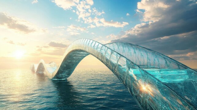 Puente de cristal sobre el agua al atardecer