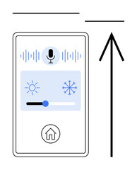 Smartphone displaying voice-activated climate control panel with temperature slider, sun and snowflake icons, and microphone. Ideal for smart homes, voice control, home automation, technology