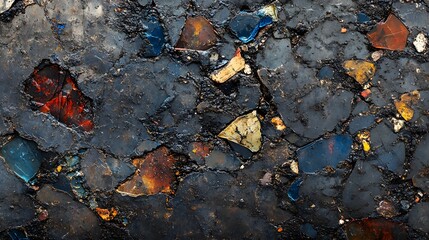 A high-resolution macro of glass shards embedded in concrete creating a rough yet reflective texture.