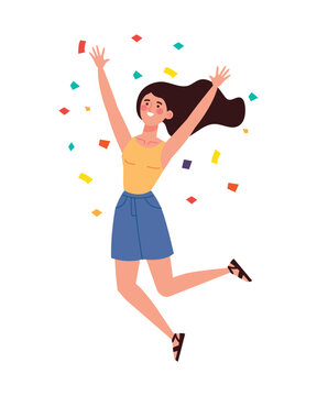 jumping girl celebration with confetti