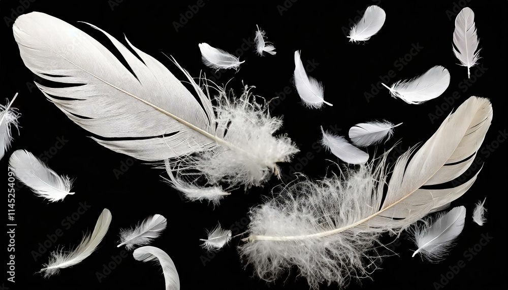 Poster ethereal white feathers gracefully floating against a dark backdrop a captivating visual of serenity