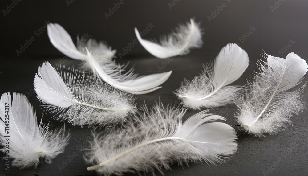 Poster ethereal white feathers gracefully floating against a deep black background a stunning visual repres