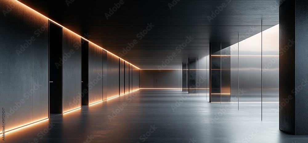 Poster a modern corridor featuring illuminated lines and multiple doors.