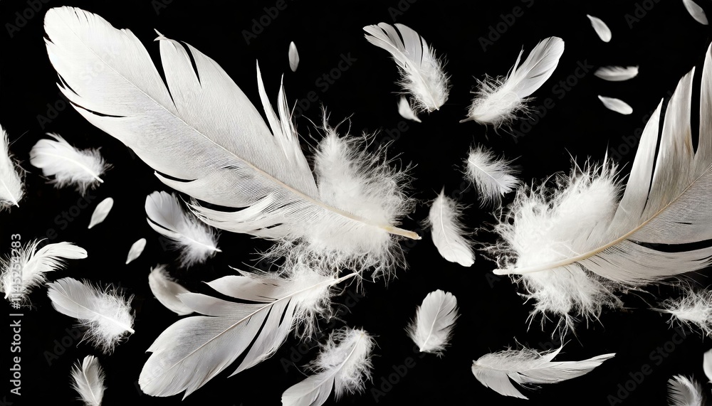 Poster ethereal white feathers soaring gracefully against a mysterious black background a captivating visua