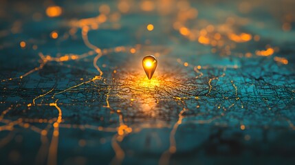 A radiant pin glowing on a textured map its metallic sheen catching ambient light.