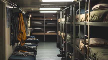A realistic Navy barracks interior with bunk beds lockers and equipment neatly arranged.