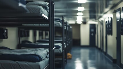 A realistic Navy barracks interior with bunk beds lockers and equipment neatly arranged.