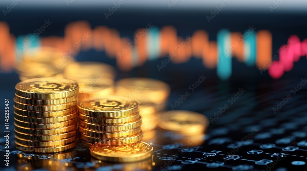 Poster stacked golden coins on a financial chart background with data graphs