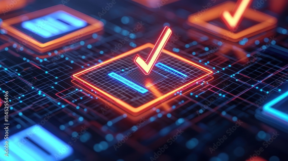 Poster abstract digital background with check mark in neon colors