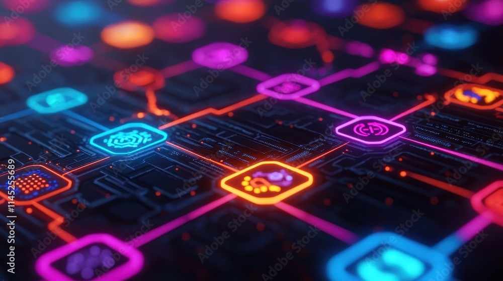 Poster abstract digital network design with colorful icons and light effects