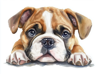 Fototapeta premium Playful puppy portrait with expressive eyes showcasing a cute bulldog resting on a surface