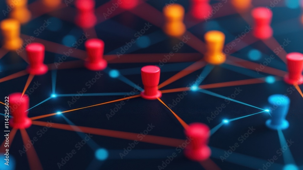 Poster colorful push pins connecting network nodes on dark background
