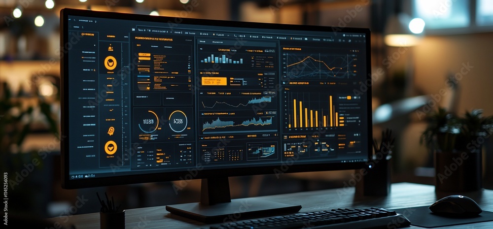 Aufkleber a modern monitor displaying data analytics and visualizations in a dark setting.