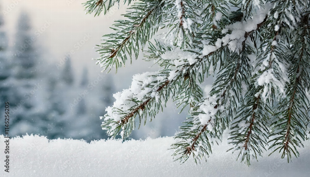 Poster serene winter abstract minimal background featuring fir tree branches dusted with snow, perfect for 