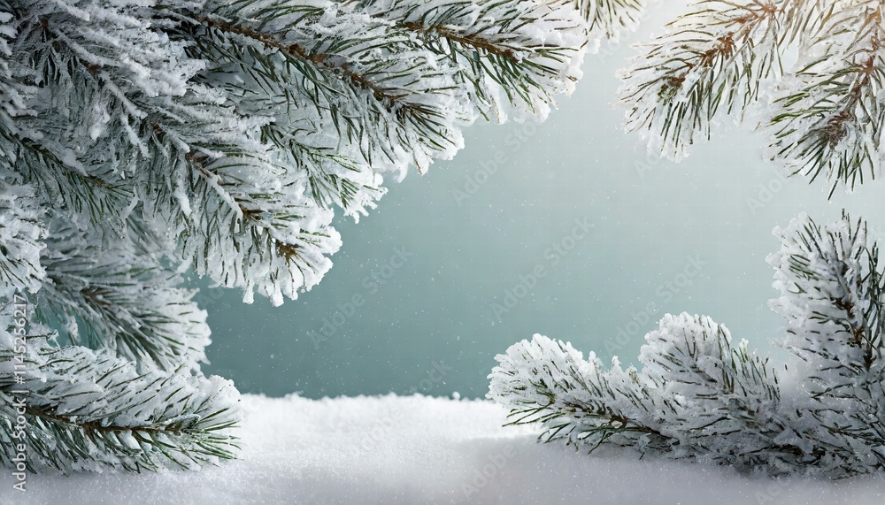 Poster serene winter abstract minimal background featuring fir tree branches adorned with snow, perfect for