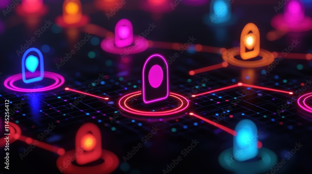Poster colorful digital network with nodes and connections in neon style