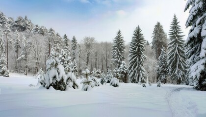 Fototapeta premium A Serene Winter Forest Blanketed in Snow Discover the Tranquility of Natures Winter Wonderland with Majestic Trees, Glimmering Snowflakes, and a Peaceful Atmosphere in This Captivating Scene