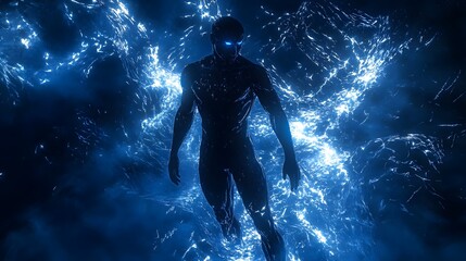 A sculpted male figure in a black diving suit surrounded by deep blue shadows his form outlined by the faint glow of nearby bioluminescent organisms.