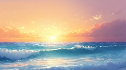 Fototapeta premium A serene ocean scene painted with soft brushstrokes capturing the gentle waves under a golden sunset.