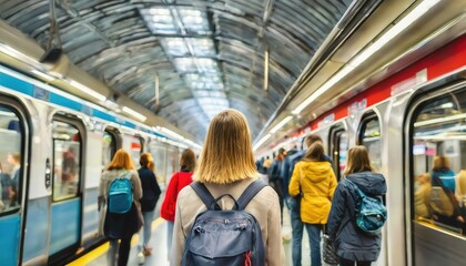 A Woman Standing at a Busy Subway Station, Surrounded by Blurry Passengers, Capturing the Essence of Urban Life and Public Transport Dynamics in a Bustling City Environment