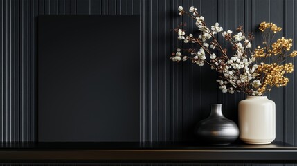 Elegant floral arrangement and blank art canvas on a sleek black shelf in a contemporary interior setting