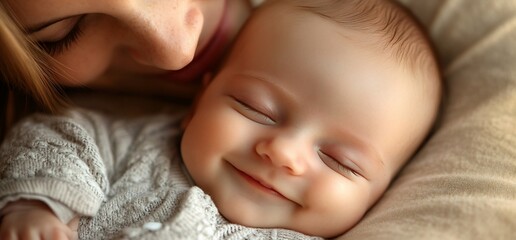 A mother and her smiling baby share a joyful moment together.