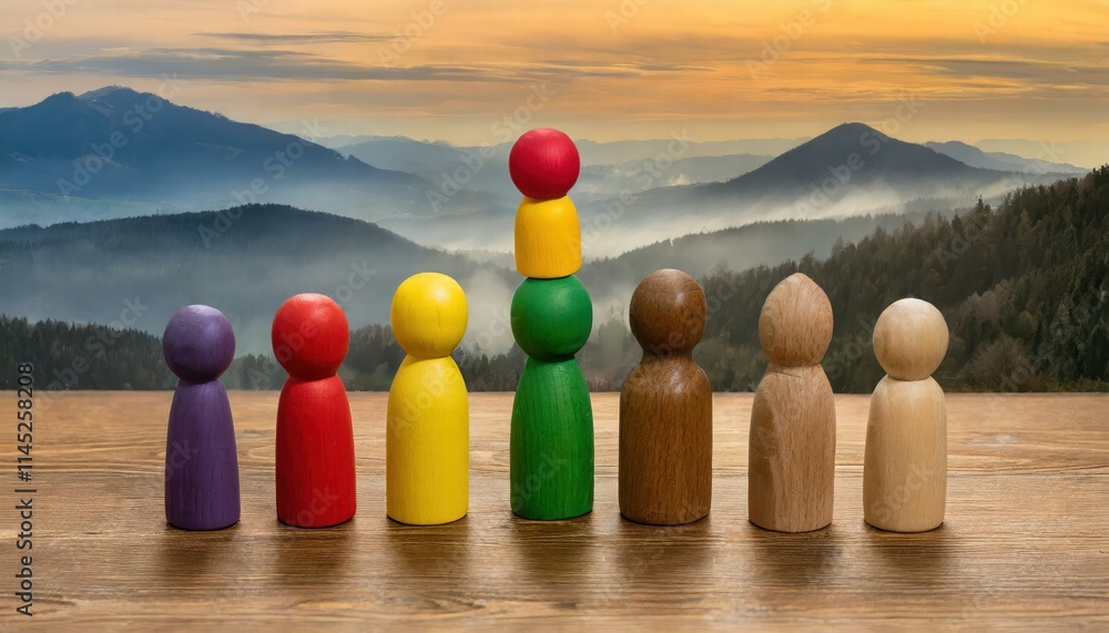 Poster wooden and colored figures representing diversity and inclusion celebrating unity in differences thr