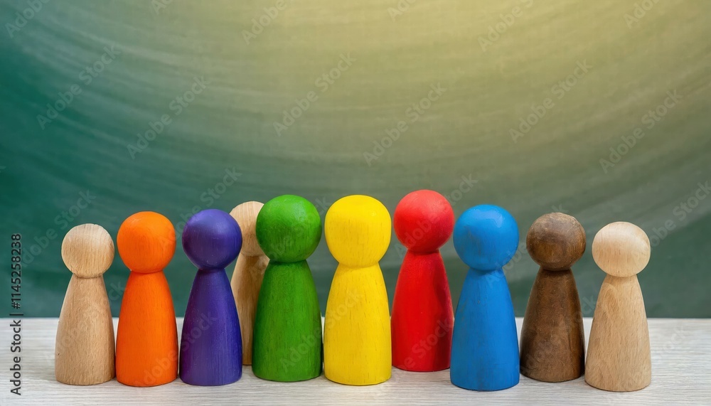 Poster wooden and colored figures representing diversity and inclusion celebrating unity in differences thr