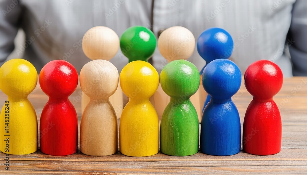 Poster wooden and colored figures representing diversity and inclusion a vibrant display of unity in divers