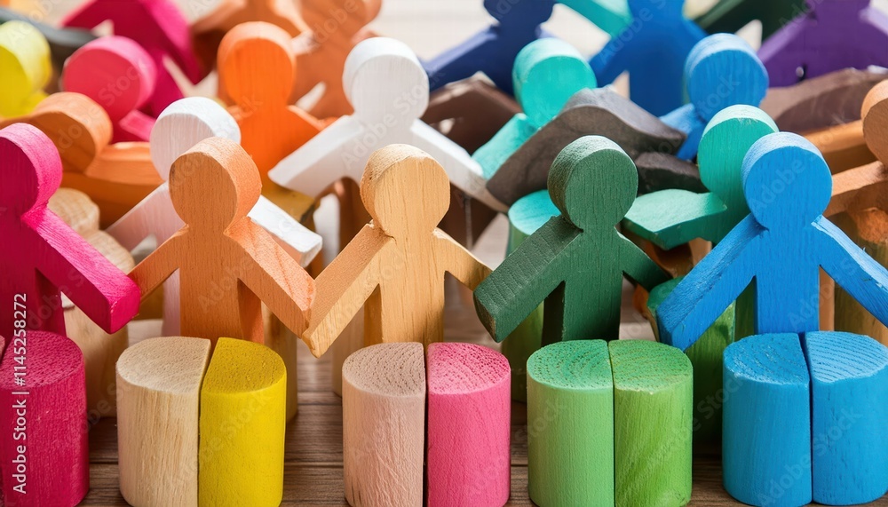 Poster wooden and colored figures representing diversity and inclusion a vibrant display of unity and accep