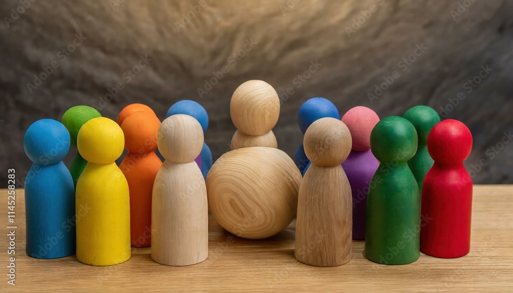 Poster wooden and colored figures symbolizing diversity and inclusion a representation of unity through art