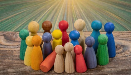 Wooden and Colored Figures Symbolizing Diversity and Inclusion in Modern Society A Celebration of Unity, Representation, and Cultural Awareness Through Artful Expression and Design