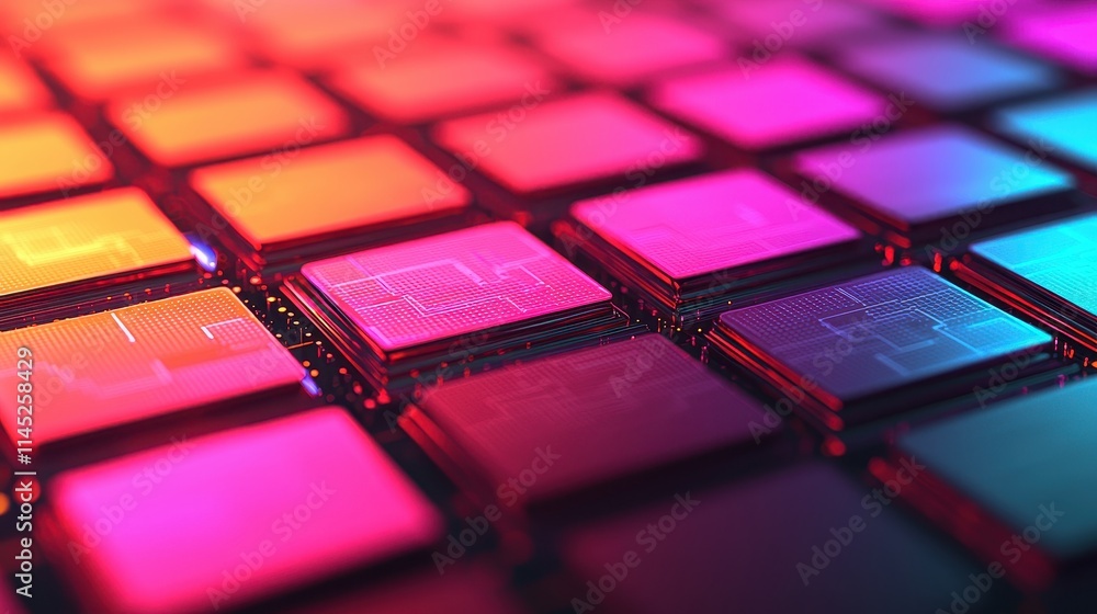 Poster colorful abstract digital circuitry design with glowing patterns