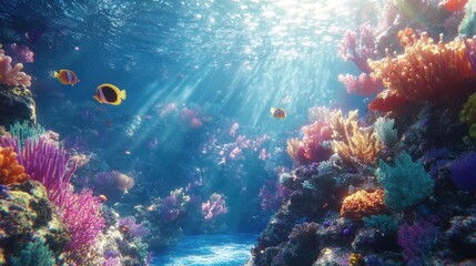 Naklejka premium Vibrant underwater scene with colorful coral reefs and tropical fish.