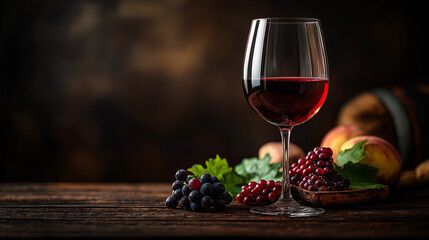Tall wine glass with deep red wine on polished wooden surface, black-to-gray gradient background, dramatic lighting, high resolution highlighting wine color and glass reflections.