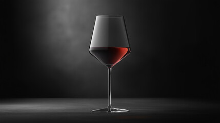 Minimalist wine glass with ruby-red wine on the left, smoky black background with burgundy light, soft spotlight highlighting the glass, modern and sophisticated vibe, high resolution.