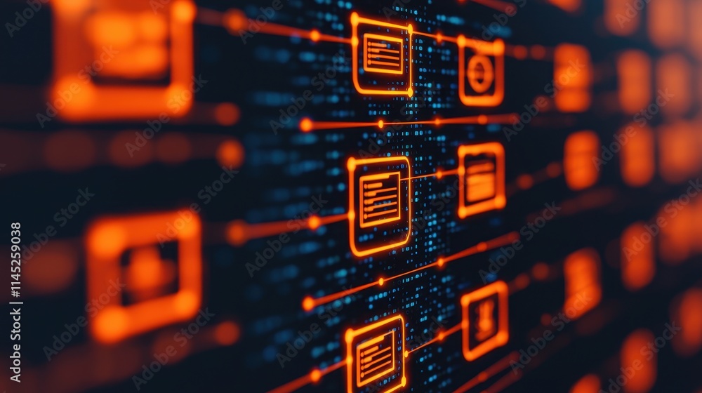 Poster futuristic digital interface with orange graphics and data icons